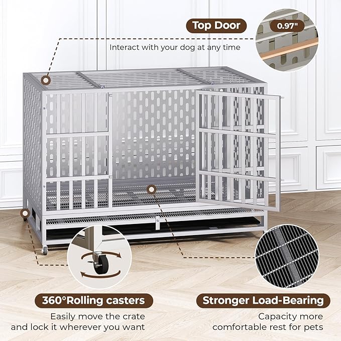 48 Inch Heavy Duty Indestructible Dog Crate Steel Escape Proof, Indoor Double Door High Anxiety Cage, Kennel with Wheels, Removable Tray,Silver,Extra Large XL XXL-PawvioPets