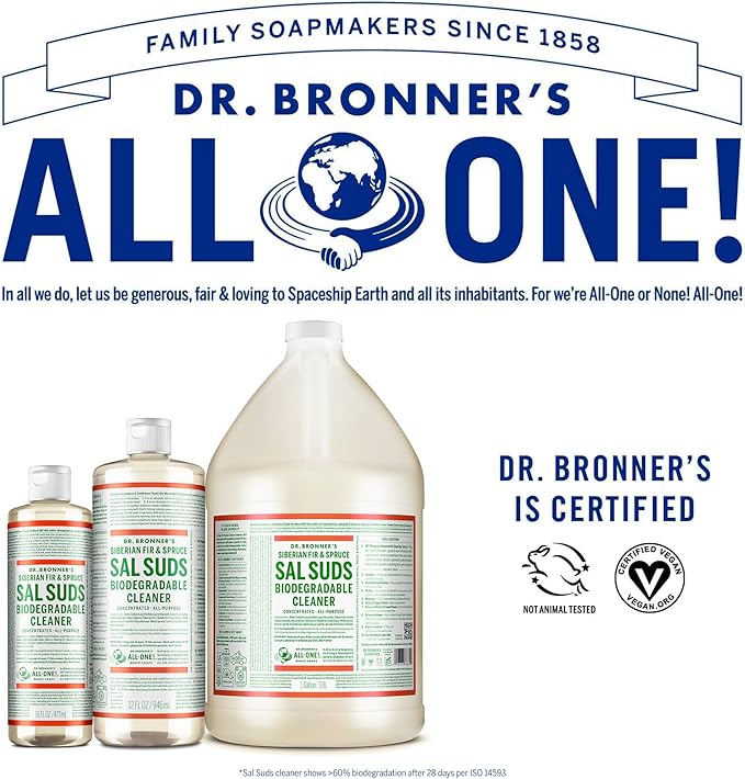 Dr. Bronner's - Sal Suds Biodegradable Cleaner (1 Gallon) - All-Purpose, Pine Cleaner for Floors, Laundry and Dishes, Concentrated, Cuts Grease and Dirt, Powerful Formula-PawvioPets