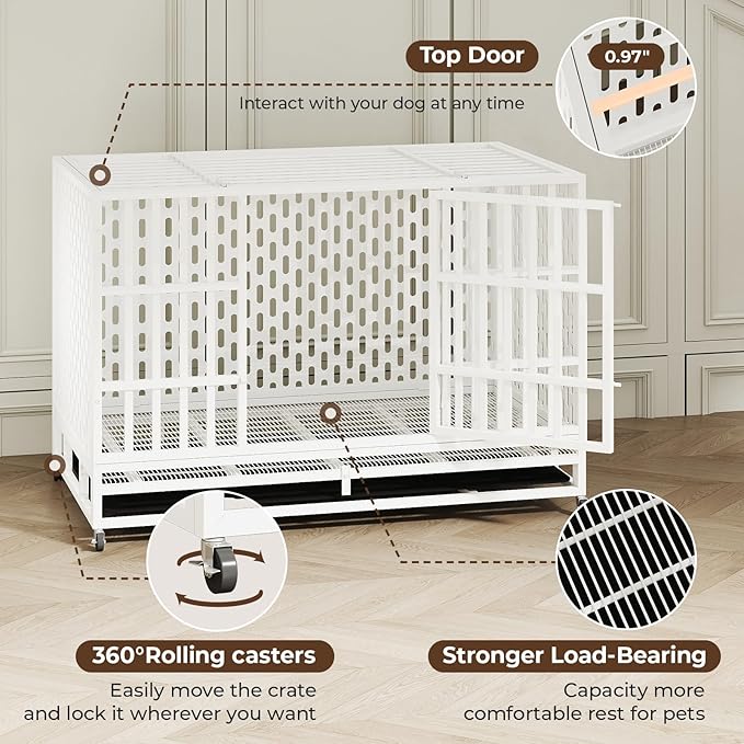 48 Inch Heavy Duty Indestructible Dog Crate Steel Escape Proof, Indoor Double Door High Anxiety Cage, Kennel with Wheels, Removable Tray,White,Extra Large XL XXL-PawvioPets