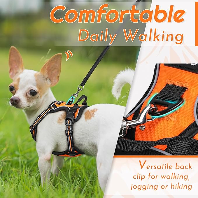 Eagloo Small Dog Harness No Pull, Service Vest with Reflective Strips and Control Handle, Adjustable and Comfortable for Easy Walking, No Choke Pet Harness with 2 Metal Rings, Orange, XS-PawvioPets