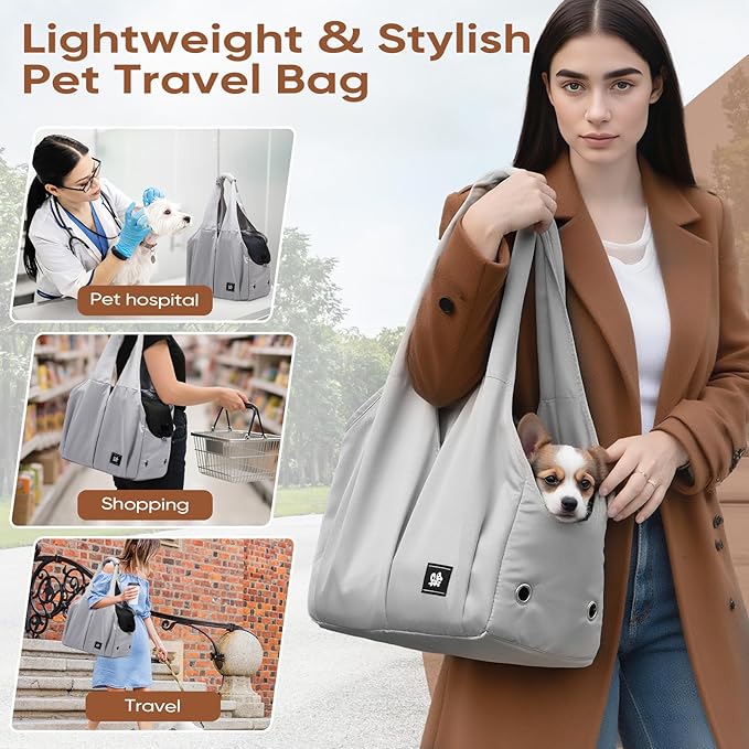 Dog Purse Carrier for Small Dogs, Cats, and Puppies – Soft-Sided Travel Pet Tote Bag with 4 Large Pockets, Foldable, Lightweight, Fits Pets up to 15 lbs, for Travel, Outings (Grey)-PawvioPets