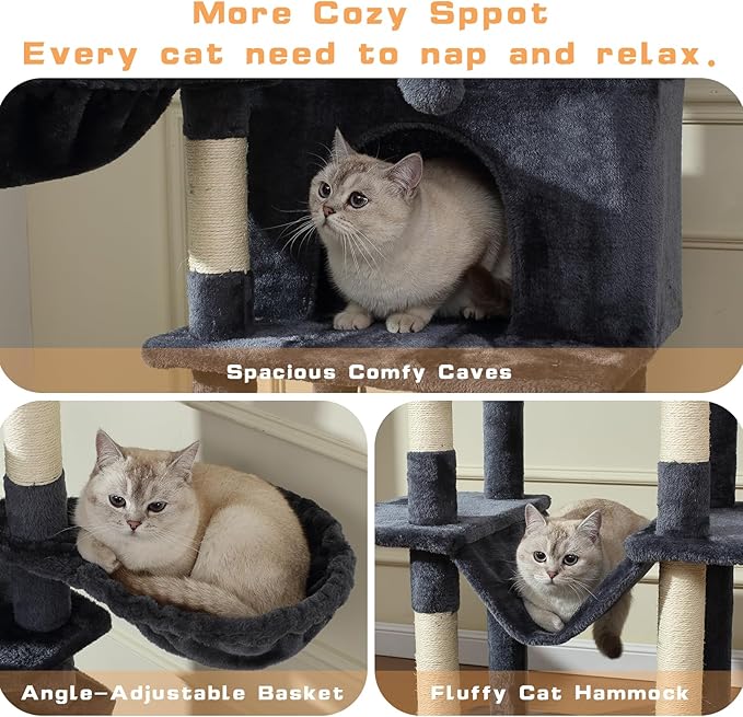 70-Inch Cat Tree,Large Cat Tree Tower with Hammock, Scratching Post, Condo and Multi-Level Cat Tower for Large Cats, Cat Activity Center Playhouse, Dark Gray LCT016-PawvioPets