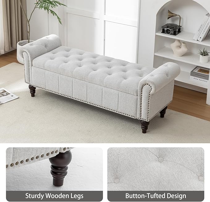 58’’ Storage Bench for Bedroom, Upholstered Button-Tufted Ottoman with Solid Wood Legs, Queen Size End of Bed Shoe Cabinet, Window Seat Foot Rest Stool for Entryway, Living Room (Silver)-PawvioPets