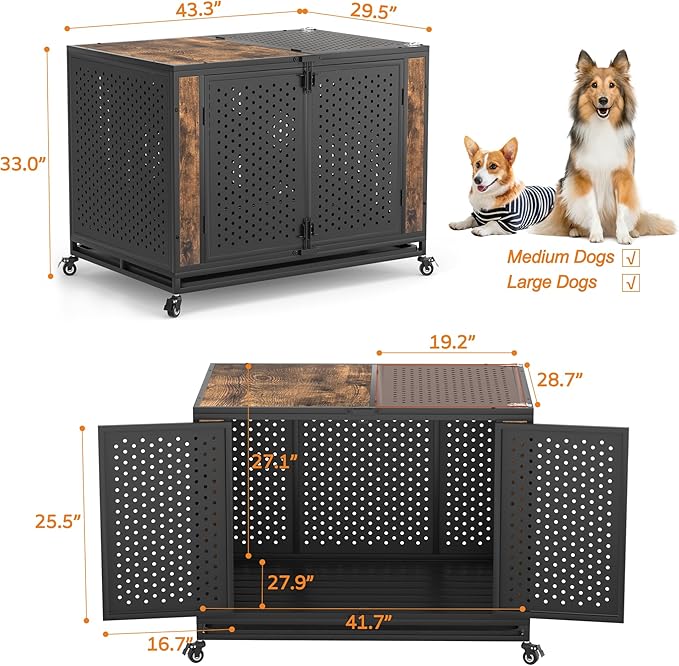 42" Heavy Duty Dog Crate Furniture for Large and Medium Dogs, Enclosed Design with 0.5 inch Holes, Indestructible Metal Kennel for High Anxiety Dogs, Chew Proof Pet House Cage Indoor, Brown-PawvioPets
