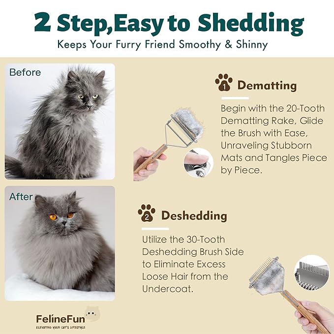 FelineFun Cat Brush for Dematting & Deshedding, 2 in 1 Undercoat Rake, Efficiently Remove Loose Hair & Matted Fur, Professional Shedding Comb for Indoor Cats & Long Haired Cats-PawvioPets