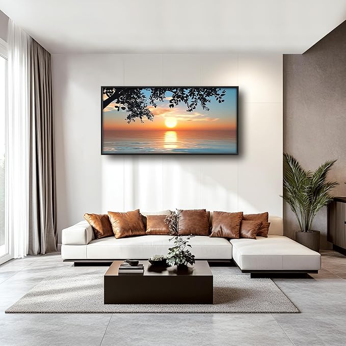 Framed Large Lake Sunset Wall Art, Oversized Natural Landscape Wall Decor for Living Room, Tree Leaves Canvas Painting Pictures Home Decoration for Living Room Bedroom Office 60"x30"-PawvioPets