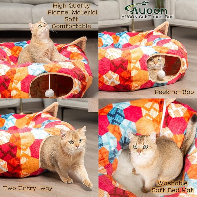 AUOON Cute Cat Donut Tunnel - Interactive Cat Tunnel Bed for Indoor Cats Kitten Kitty Puppy Rabbit Ferret (Orange)-PawvioPets