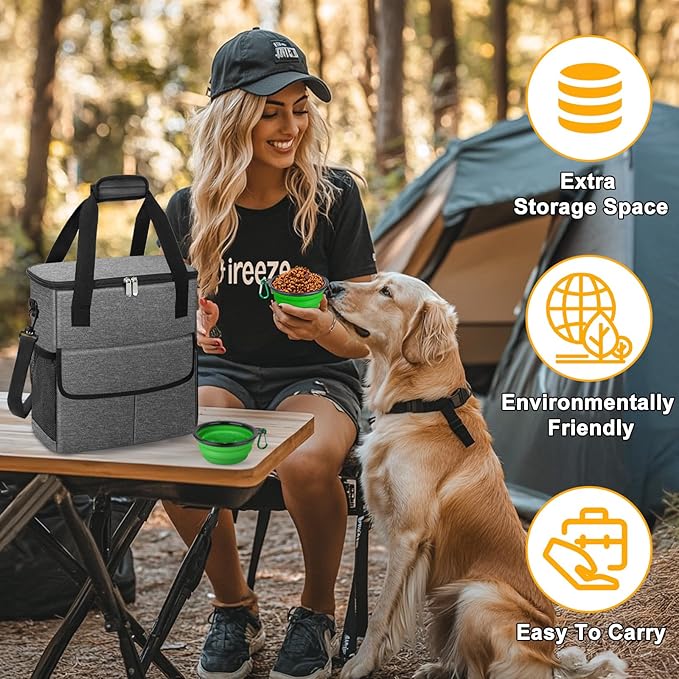 Dog Travel Bag for Camping - Weekend Pet Accessories With 2 Collapsible Bowls, 2 Food Containers, 1 Waterproof Feeding Mat - M, Grey-PawvioPets