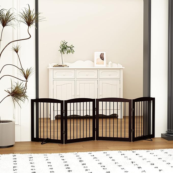 Freestanding Pet Gate for Dogs, Foldable Wooden Dog Gate for House, Indoor Dog Gate for Stair, Doorway, Gates for Dogs Indoor, 80 Inch Wide, 4 Panels 24",Brown-PawvioPets