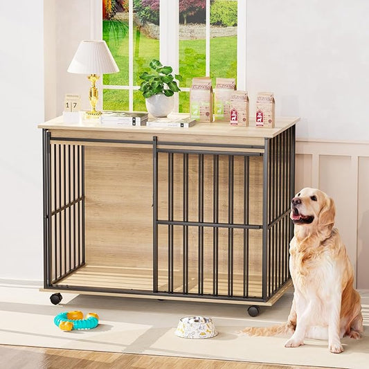 43.7" Dog Crate Furniture, XL Dog Crate Dog Kennel Indoor with Wheels for Large Medium Small Dogs, Wooden Dog Kennel End Table with Sliding Door Wooden Furniture Crates for Living Room, Bedroom-PawvioPets