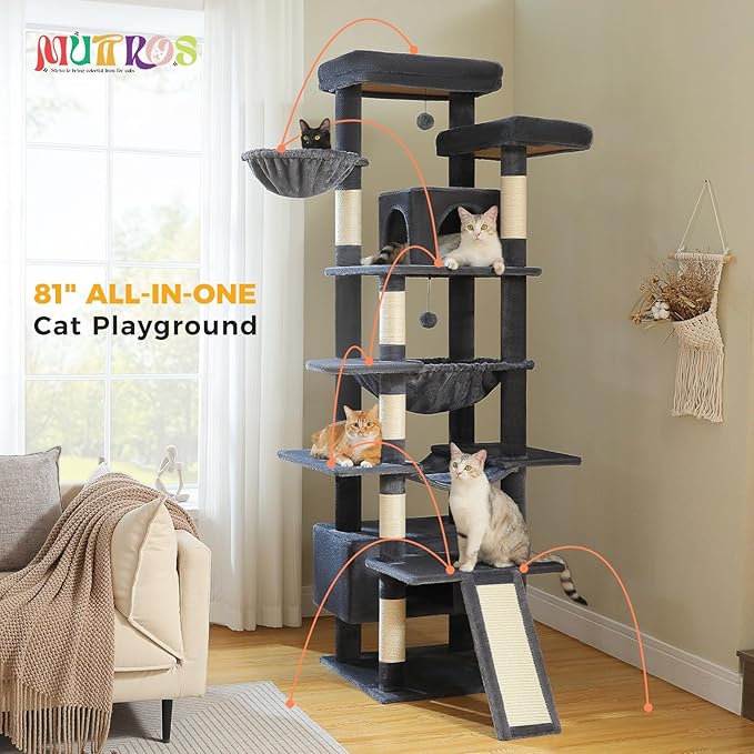81" Heavy Duty Cat Tree for Large Cats up to 20lbs - Extra Tall Cat Tower with Metal Frame Hammock, 6 Sisal Scratching Posts, 2 Perches - Indoor Cat Furniture for Maine Coon, Dark Gray-PawvioPets
