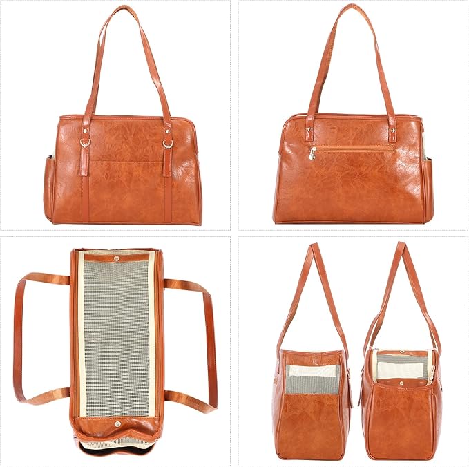 Dog Carrier Purse, Fashion Leather Pet Carrier with Pockets, Airline Approved Soft Sided Dog Carrying Bag for Puppy Cat Dog Brown-PawvioPets