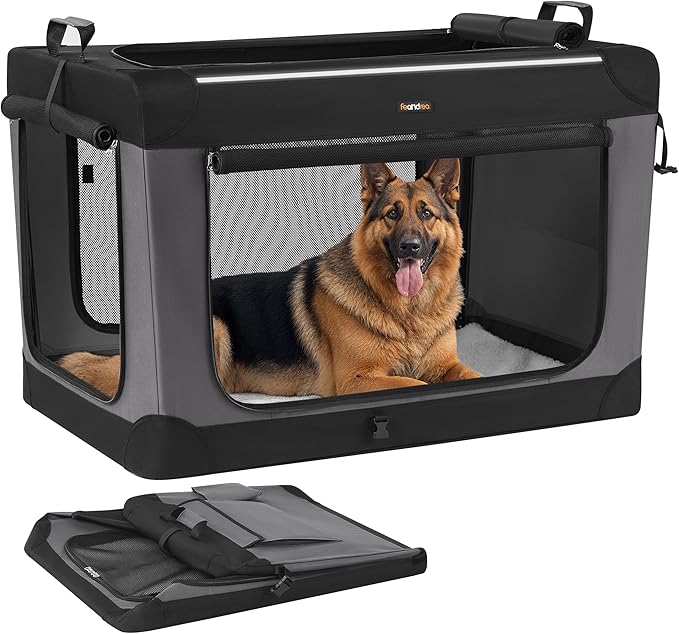 Feandrea Collapsible Dog Crate, 42-Inch Portable Dog Travel Crate for Large Dogs, Oxford Fabric Pet Carrier with 4 Mesh Doors, Handles, Storage Pocket, Water Bottle Holder, Ink Black UPDC021B01-PawvioPets