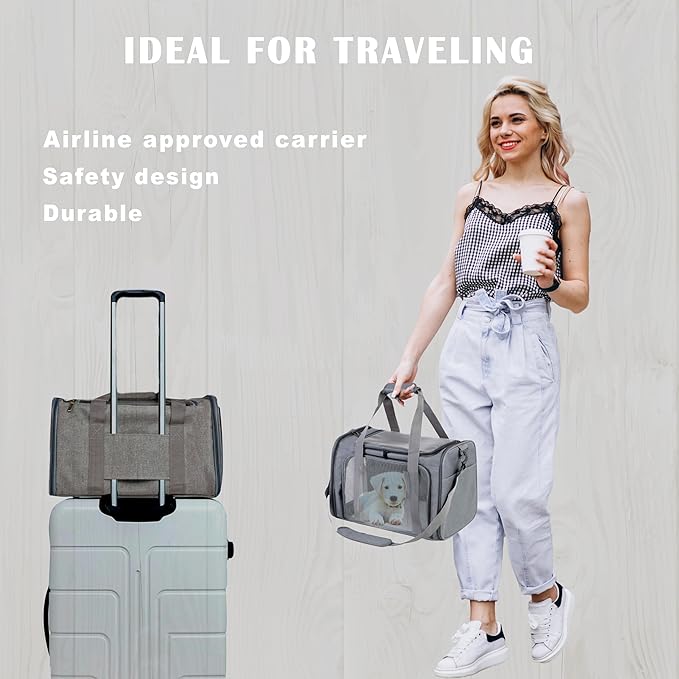 Airline Approved Soft Sided Pet Carrier for Small and Medium Dogs, Cats, and Puppies (Up to 15 lbs), Collapsible Portable Travel Bag for Dogs Cats (Grey)-PawvioPets