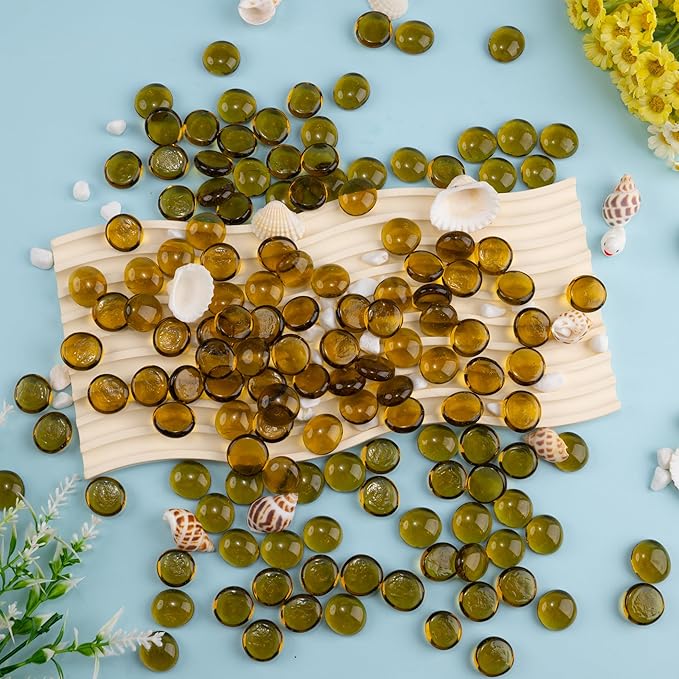 Amber Glass Marbles, 0.97LB Transparent and Smooth Mancala Stones, Yellow Flat Glass Beads for Vases, Mosaic Gem Pebbles for Aquarium Decor, Floral Arrangements Vase Filler and Crafts,Approx.80-100PCS-PawvioPets