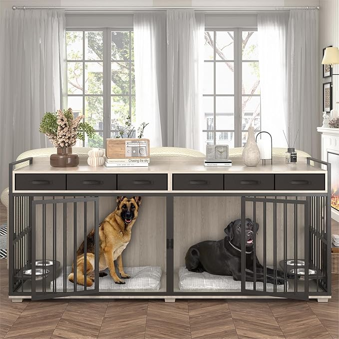 86.6inch Dog Crate Furniture with Storage,Furniture Style TV Stand Dog Kennel for 2 Dogs,with 6 Drawers,Removable Divider&Adjustable Bowls,Heavy Duty Metal Chew-Resistant Dog Crate Furniture-PawvioPets