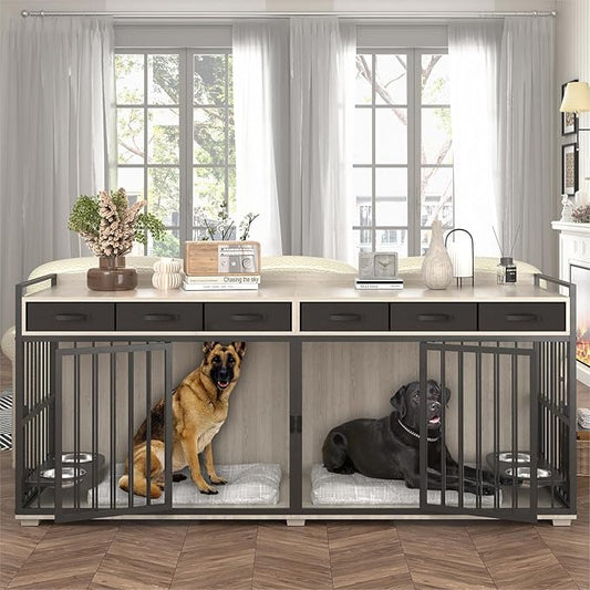 86.6inch Dog Crate Furniture with Storage,Furniture Style TV Stand Dog Kennel for 2 Dogs,with 6 Drawers,Removable Divider&Adjustable Bowls,Heavy Duty Metal Chew-Resistant Dog Crate Furniture-PawvioPets