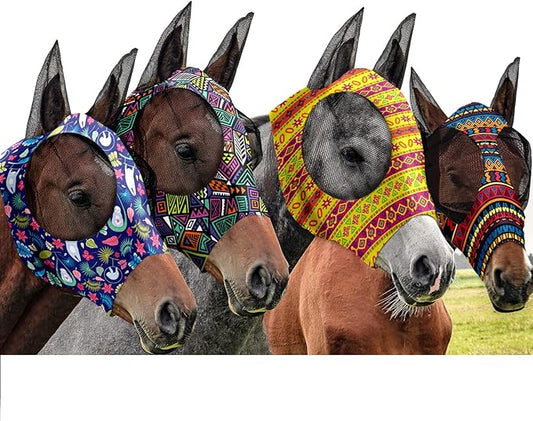 Frienda 4 Pieces Horse Fly Masks with Ears Face Covering UV Protection from Insect Pests Elasticity Smooth Comfortable Mesh Horse Mask Accessories(Geometric,Medium)-PawvioPets