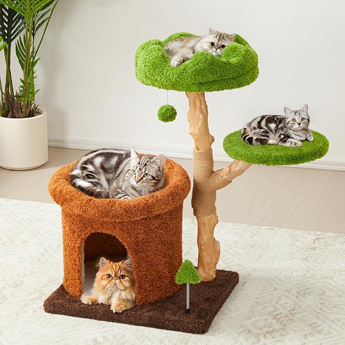 32-Inch Multi-Level Cat Tree Tower, Natural Wooden Cat Furniture with Sisal Scratching Posts, Beds & Condo, Cute Cat Tree for Indoor Cats, Multi-Cat Householdsolds-PawvioPets