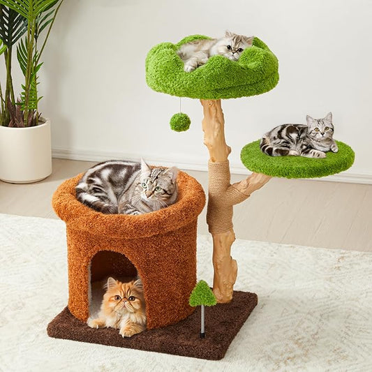 32-Inch Multi-Level Cat Tree Tower, Natural Wooden Cat Furniture with Sisal Scratching Posts, Beds & Condo, Cute Cat Tree for Indoor Cats, Multi-Cat Householdsolds-PawvioPets