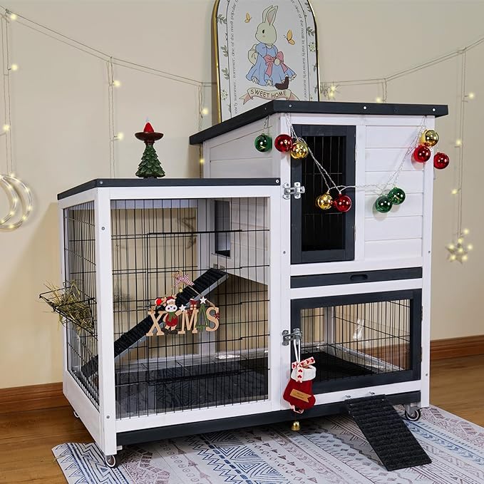 Bunny Hutch Indoor Rabbit Cage Outdoor 2-Story Rabbit House with Urine Guards and 2 Removable Tray for Small Animals-PawvioPets