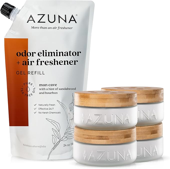 Azuna Air Freshener & Odor Eliminator for Strong Odor | 4 Room Kit Includes (4) Empty Luxe Glass Jars & 24oz Gel Refill with Tea Tree Essential Oil | Sandalwood Scent | Last 60-90 Days-PawvioPets