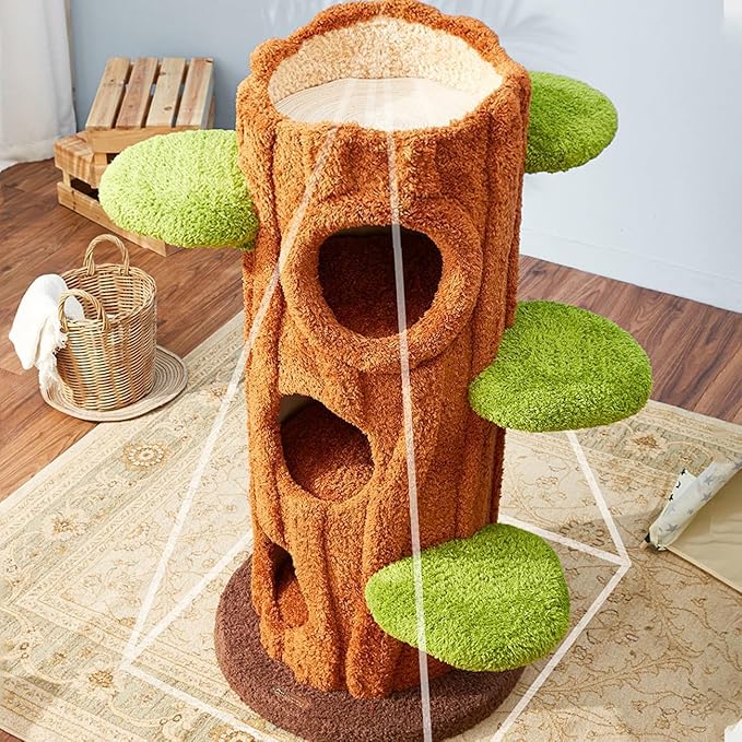 47.2'' Natural Wooden Cat Tree, Modern Cat Condo for Indoor Kitten, Multi-Level Cat Tower with Cat Perch and Scratching Pad for Multi-Cat Families-PawvioPets