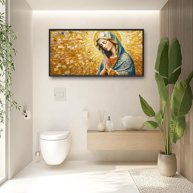 Extra Large Virgin Mary Framed Wall Art for Living Room,Oversized Golden Christian Religious Pictures Wall Decor,Canvas Print Painting Modern Artwork Bedroom Office Bathroom 60L" x 30W"-PawvioPets