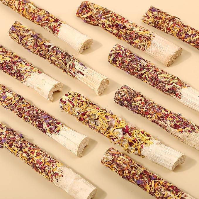 Abizoo Natural Rabbit Chew Toys,10 Sticks Sweet Bamboo Sticks for Rabbits with Petals,Bunny Chew Toys for Guinea Pig,Chinchilla,Hamster Treats Pet Wood Chews Snack Healthy Small Animals Toys for Teeth-PawvioPets