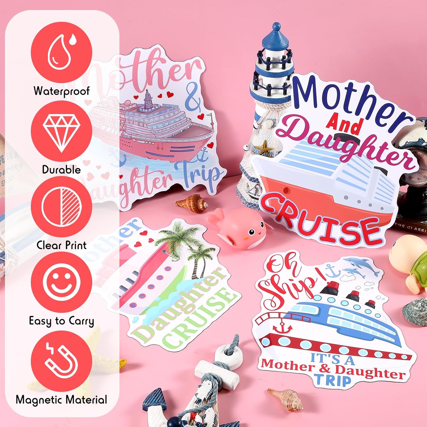 Hoteam 4 Pcs Mother Daughter Cruise Door Decorations Magnetic Large Cruise Ship Door Magnets Funny Waterproof Nautical Magnets for Carnival Cabin Stateroom Fridge Car