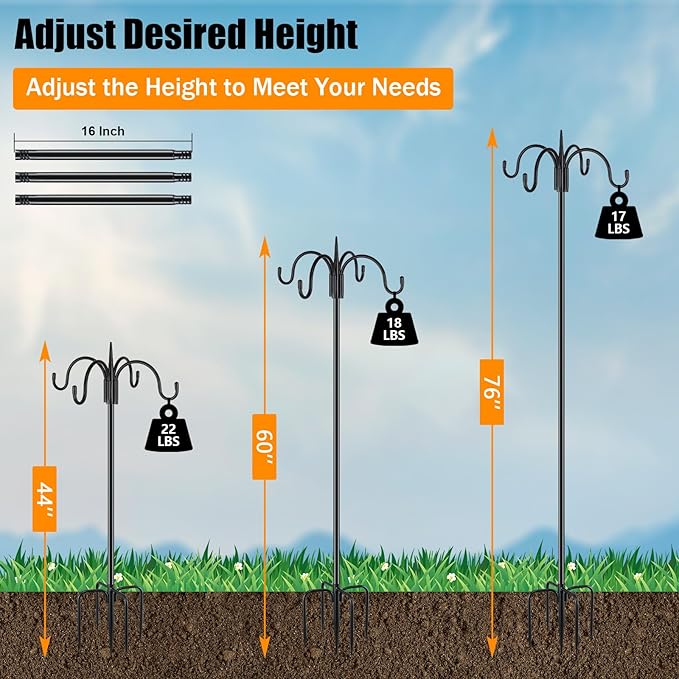FEED GARDEN 76 Inch Four Shepherd Hooks for Outdoor,Bird Feeder Pole with 5 Prong Base, Adjustable Shepard Hooks for Hanging Plant, Solar Lanterns, Wind Chimes, 2 Pack-PawvioPets
