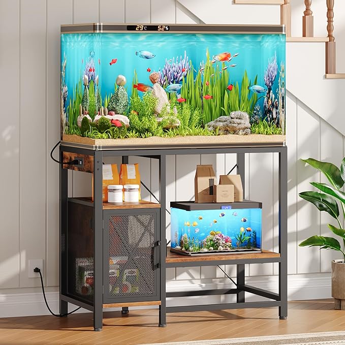 40-50 Gallon Fish Tank Stand, Aquarium Stand with Power Outlet and Storage Cabinet, Heavy Duty Tank Stand Suitable for Turtle Tank, Reptile Terrarium, for Home Office, Rustic Brown FTHR50E01-PawvioPets