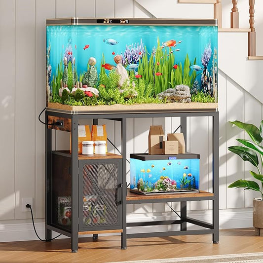 40-50 Gallon Fish Tank Stand, Aquarium Stand with Power Outlet and Storage Cabinet, Heavy Duty Tank Stand Suitable for Turtle Tank, Reptile Terrarium, for Home Office, Rustic Brown FTHR50E01-PawvioPets