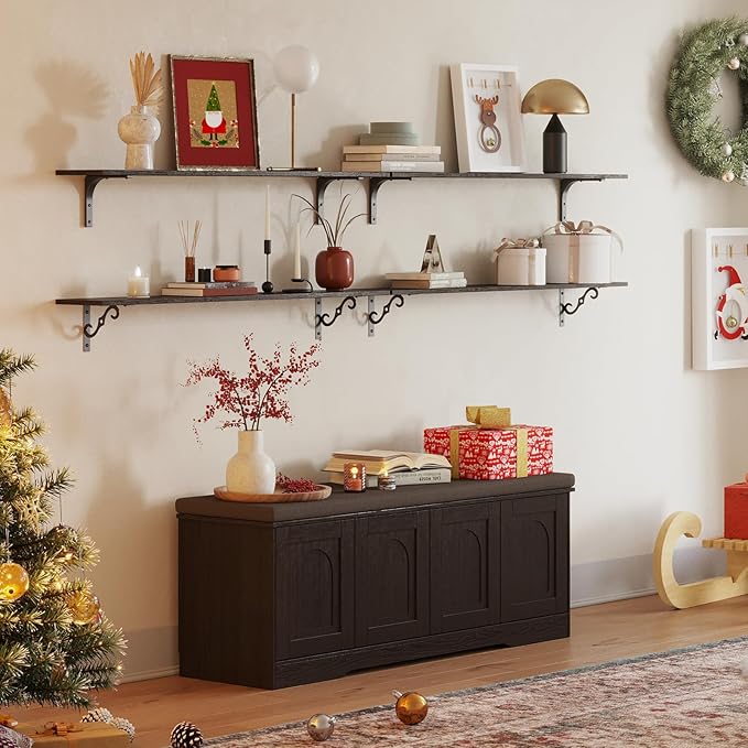 DINZI LVJ Shoe Bench, Entryway Storage Bench with Doors, Cushion, 2-Tier Shoe Rack with 8-Cubby, 47.2”L x 13.8”W Shoe Organizer Cabinet, Adjustable Shelf, Living Room, Bedroom, Espresso-PawvioPets