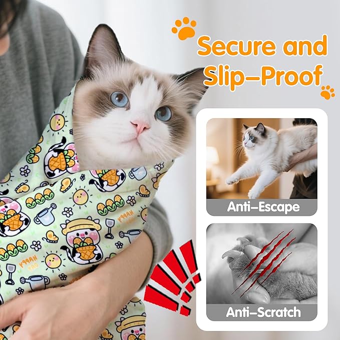 27.6" Large Cat Grooming Wrap, Cat Grooming Supplies, Cat Wrap for Cutting Nails, Self-Adhesive Cat Grooming Bag for Cats Within 15lbs Cat Restraint for Nail Clipping, Medicine Taking(Green)-PawvioPets