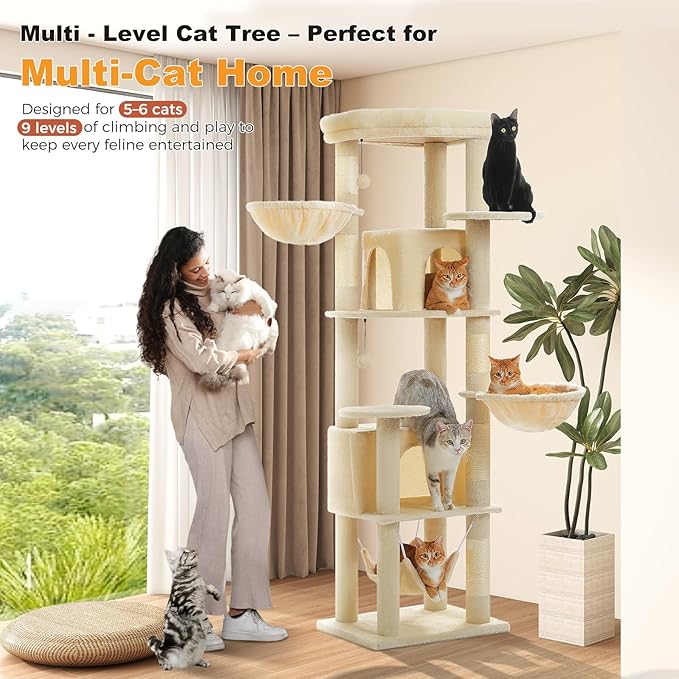 71.2" Tall Cat Tree for Indoor Cats - 9-Level Multi-Cat Tower w/5 Sisal Scratching Posts, 2 Condos, 3 Hammocks, Perch & Pom Poms - Heavy-Duty for Adult Cats, Space-Saving Plush Beige-PawvioPets