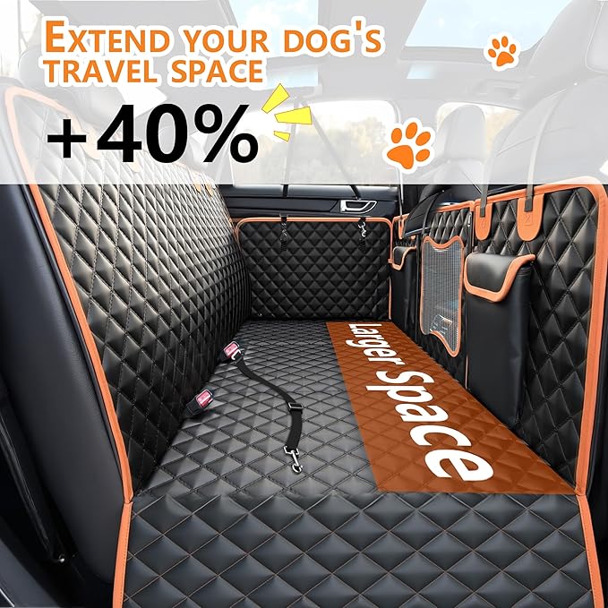 Back Seat Extender for Dogs,Dog Car Seat Cover for Back Seat with Hard Bottom Holds 500 lbs,Car Seat Protector,Waterproof Extender for Dogs,Dog Hammock,600D Nonslip,Pet Bed for Cars,SUVs, Small Trucks-PawvioPets