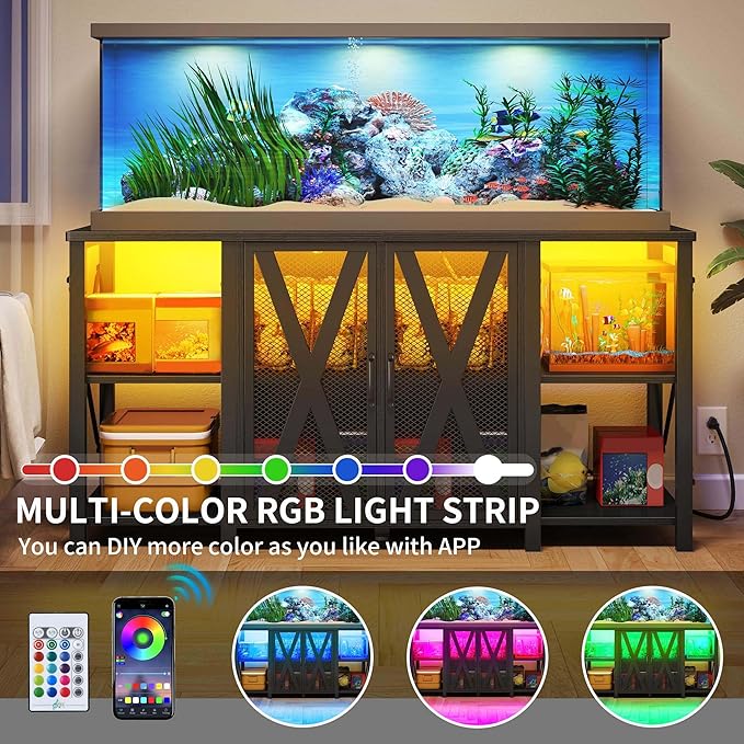 DWVO Reptile Tank Stand Aquarium Stand with Power Outlet & LED Light, 75/90/120 Gallon Terrarium Stand Cabinet - Heavy Duty Fish Tank Stand for Turtle Tank, Reptile Terrarium, 2000LBS Capacity, Black-PawvioPets