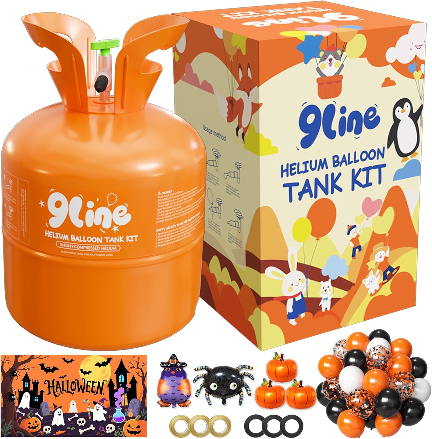 13L Helium Tank Up To 50 Latex Balloons,Helium Tank For Balloons At Home,50 12-Inch Orange&Black Latex Balloons, 5 Foil Balloons, 1Halloween 5.9X3.6Ft Backdrop, 8 Accessory Tools