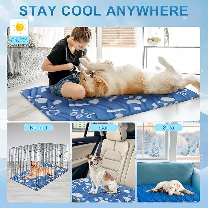 BEAUTYZOO Dog Cooling Mat- Upgraded Thicken Cooling Mat for Large Dogs Reversible(Cool & Warm) Pet Ice Cool Bed Washable & Portable, Summer Crate Pad for Big Dog Puppy Up to 100 lbs, Paw Blue 59X40IN-PawvioPets