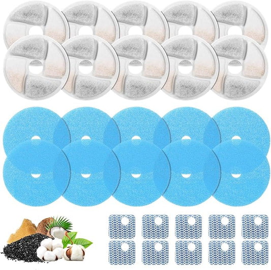 10 Set Cat Water Fountain Filter Replacement for Square 2.2L/73oz Stainless Steel Cat Fountain, ZEKIRY Pet Fountain Filter, Triple Filtration Replacement Filters(10 Filter, 10 Sponge, 10 8D Sponge)-PawvioPets