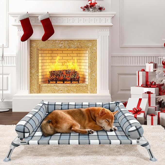 Elevated Raised Dog Bed Cot - Cooling Raised Dog Beds with Bolster Portable Washable Pet Cot Bed with Metal Frame Dogs Hammock Bed for Indoor & Outdoor-PawvioPets