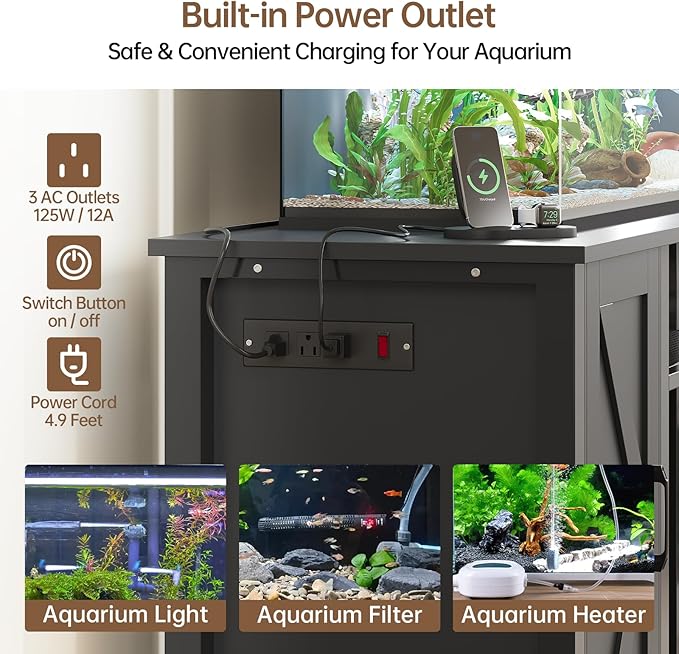 55-75 Gallon Aquarium Stand with Power Outlet, Heavy Duty Fish Tank Stand with Cabinet Storage & Adjustable Shelf, for Fish Tank, Turtle Tank, Reptile Terrarium, 1000LBS Capacity, Black-PawvioPets