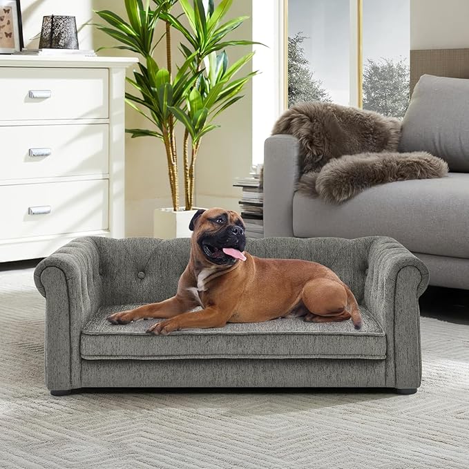 Dog Sofa Couch for Medium Dogs, 31" Memory Foam Dog Couch with Washable Fabric, Removable Cushion, Sofa Bed for Medium Dogs, Grey-PawvioPets