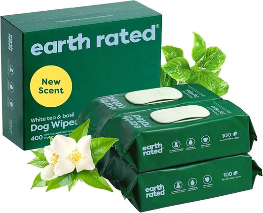 Earth Rated Pet Wipes for Dogs and Cats, Hypoallergenic, 3-in-1 Cleaning, Deodorizing and Hydrating, for Grooming Paws, Body and Butt, New White Tea and Basil Scent, 400 Count-PawvioPets