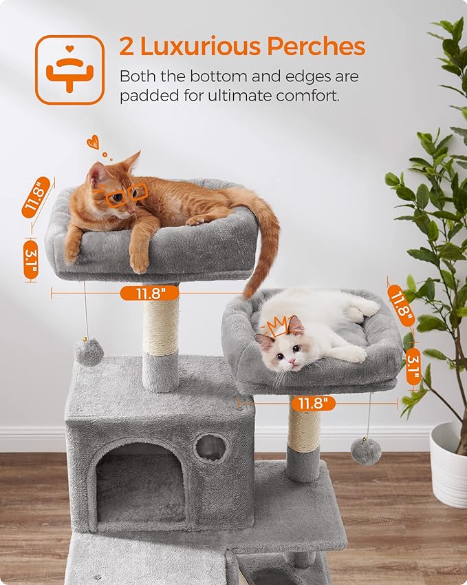 Feandrea Cat Tree, 66.1-Inch Large Cat Tower with 13 Scratching Posts, 2 Perches, 2 Caves, Basket, Hammock, Pompoms, Multi-Level Plush Cat Condo for Indoor Cats, Light Gray UPCT165W01-PawvioPets