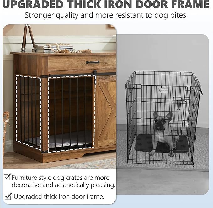 72.5" Extra Large Furniture Style Double Dog Crates for Large Breeds, XXL Wooden Dog Kennel Furniture with Drawers, Divider, Water Resistant & Barn Door for 2 Dogs, Rustic Oak-PawvioPets