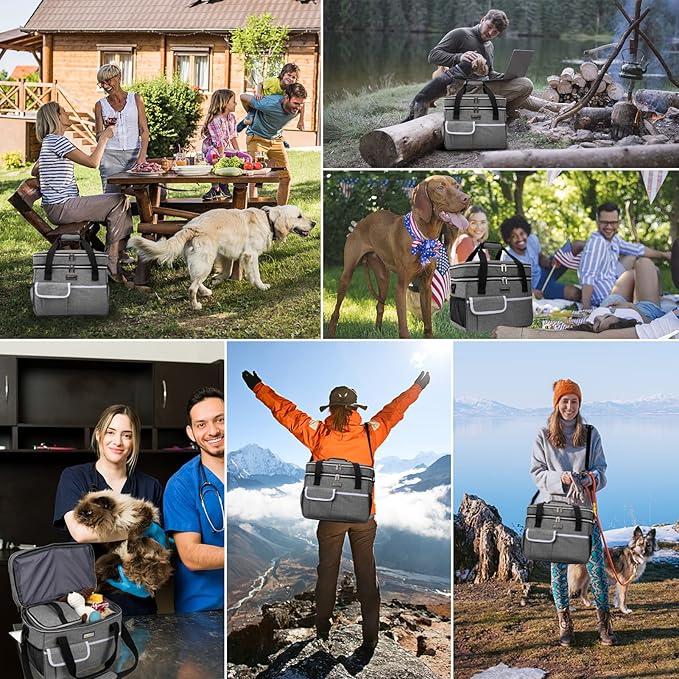 BAGLHER Dog Travel Bag for Supplies - Double-Layer Airline Approved Weekend Pet Travel Organizer Set for Dog and Cat Tote with 2 Pet Food Containers and 2 Collapsible Silicone Bowls Grey-PawvioPets