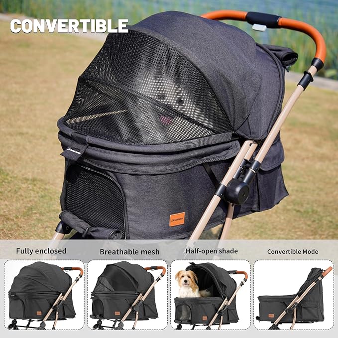 EchoSmile Small Medium Dogs Stroller 4-Wheel Pet Strollers for Medium Dogs Up to 50lbs, One Click Folding Large Cat Stroller, Reversible Handle, Shock Absorbing Wheels, Removable Washable Pad-PawvioPets
