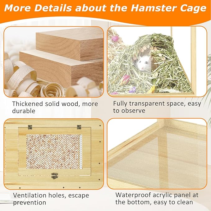 24" Hamster Cage, Lockable Sliding Door Gerbil Cage, Dwarf Hamster Cage with Metal Mesh Roof, Mice and Small Animal Habitat, Chewproof Syrian Hamster Enclosure, (Wooden, 24" L x 16" W x 16" H)-PawvioPets
